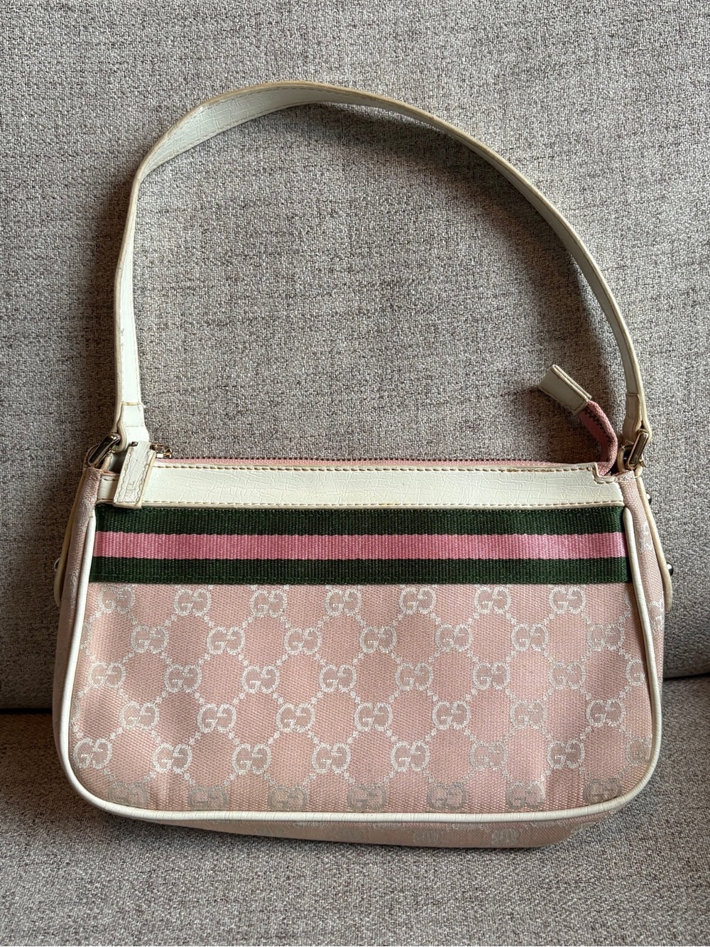 Gucci Pink GG Canvas Shoulder Bag with Green and Pink Web Stripe